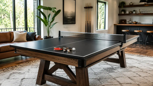 Ping pong conversion top set up on a pool table in a modern home game room.