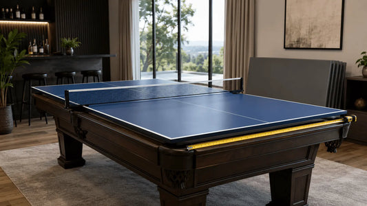 Blue ping pong conversion top installed on a pool table with a measuring tape in a modern game room