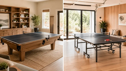 Side-by-side comparison of a ping pong conversion top on a pool table and a standalone ping pong table in home game rooms.