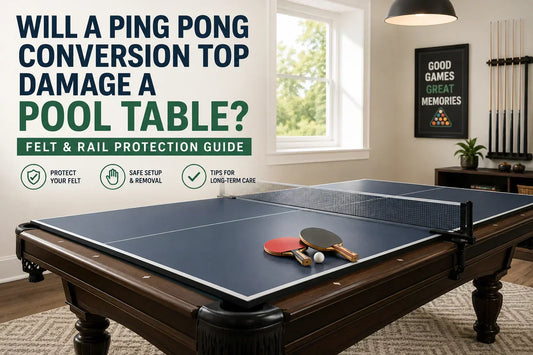 Ping pong conversion top installed on a pool table in a modern game room with felt and rail protection guidance