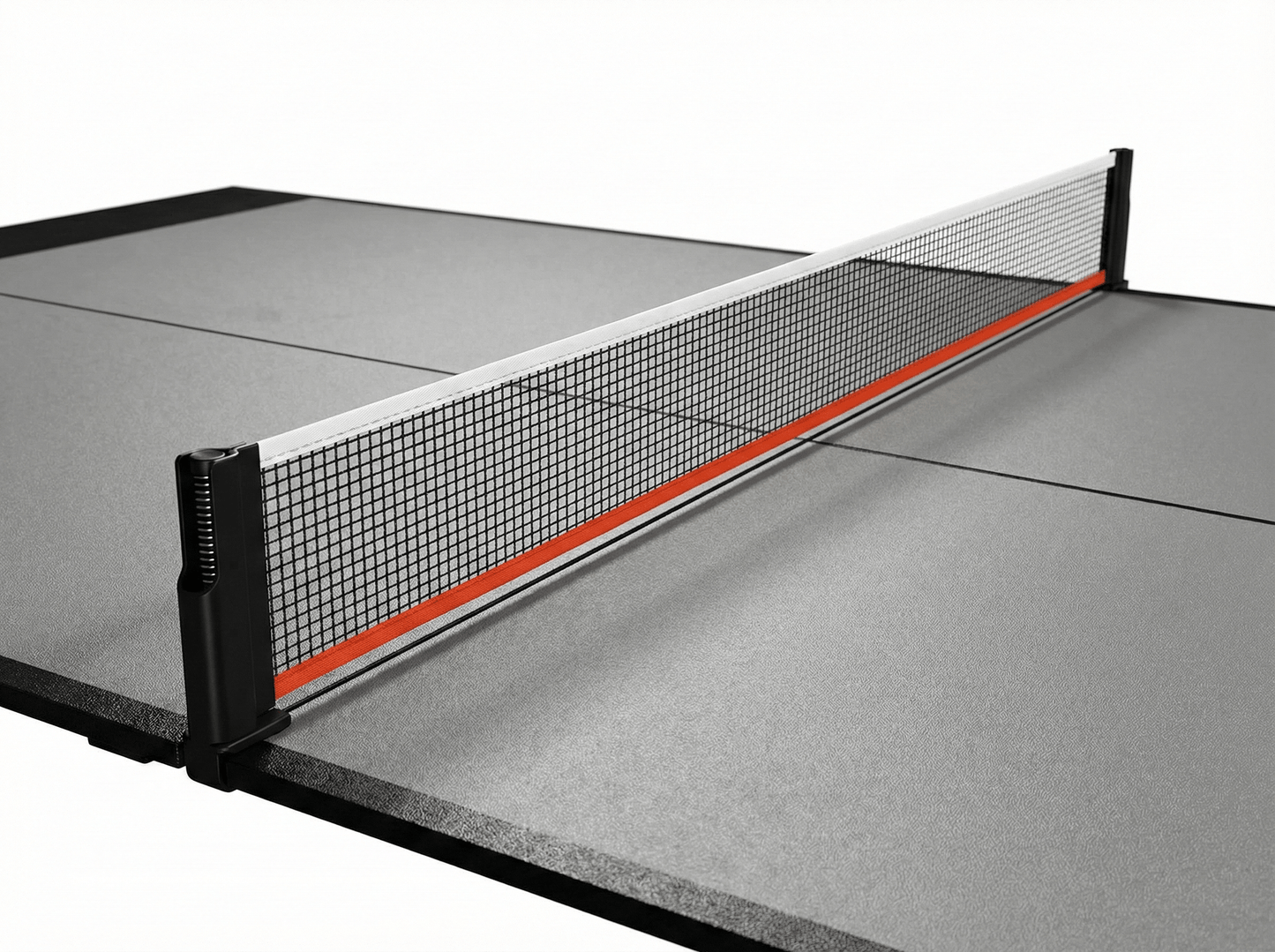 Table tennis net on a gray table with black posts