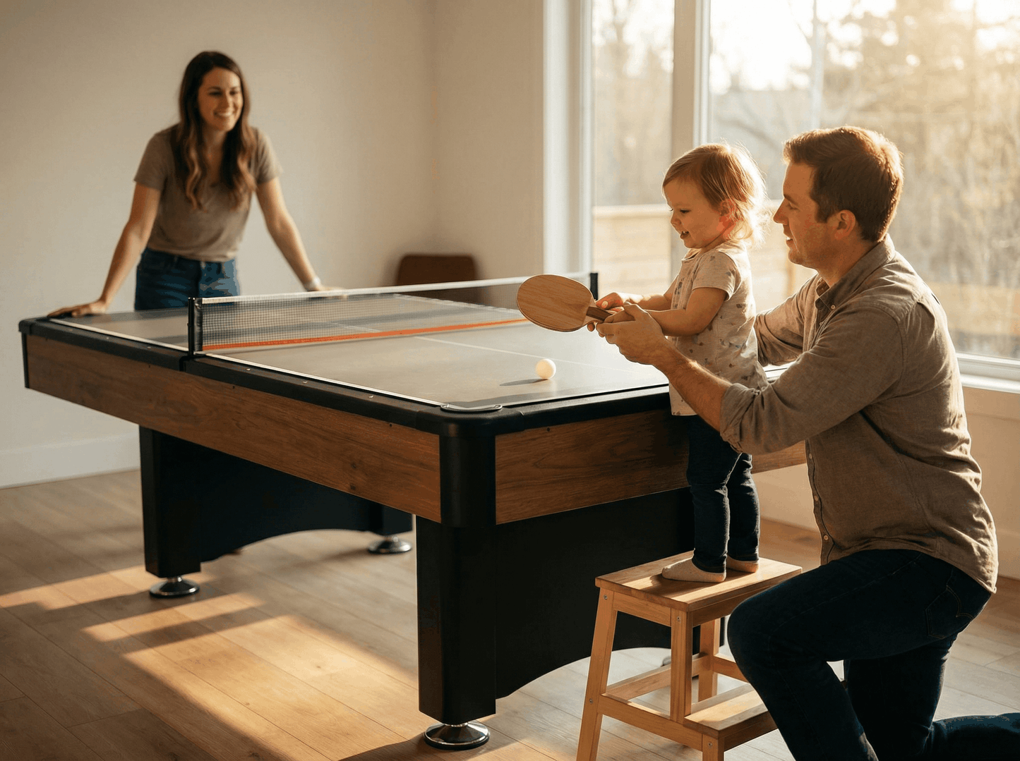 Family playing air hockey in a bright room with large windows.