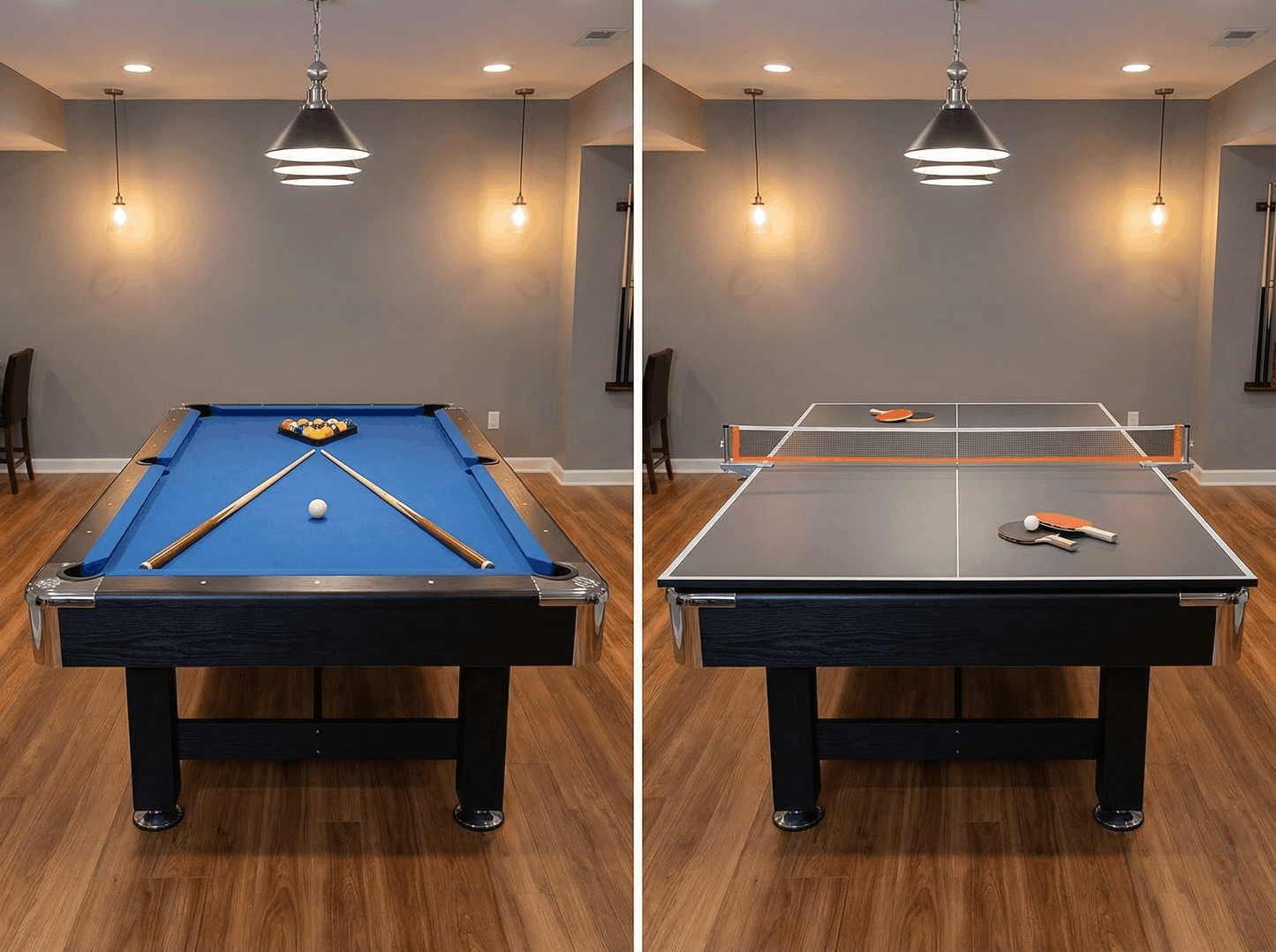 Two views of a room with a pool table and ping pong table.