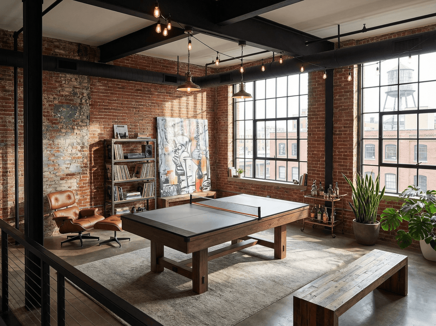 Modern office space with a pool table, bookshelf, and large windows.