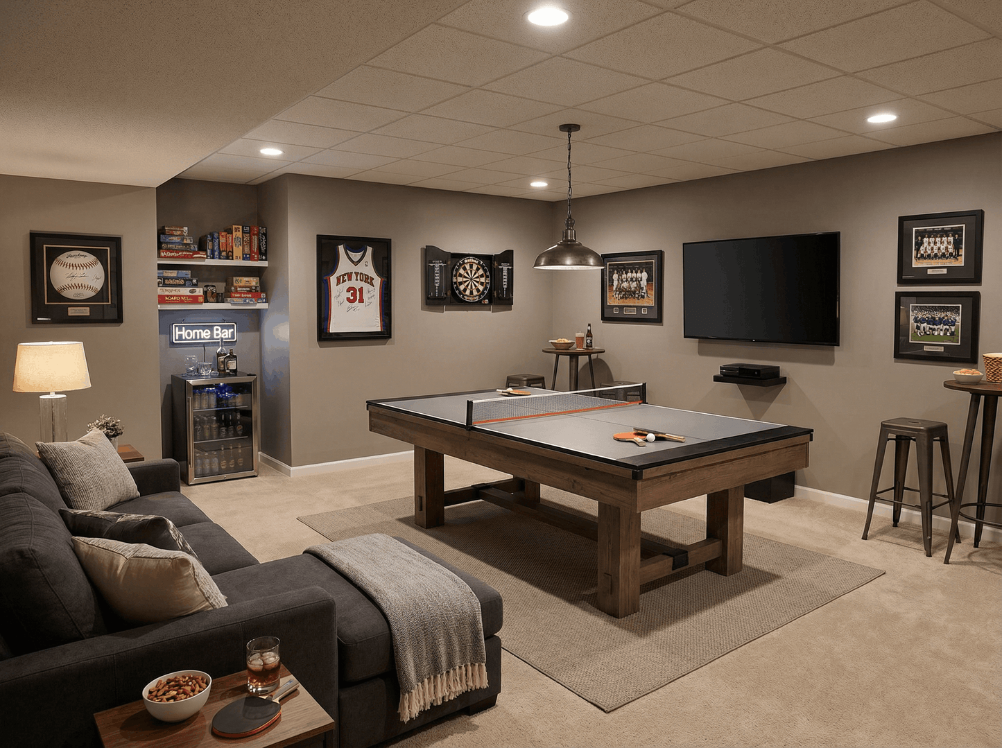 Game room with pool table, couch, and sports memorabilia on the walls.