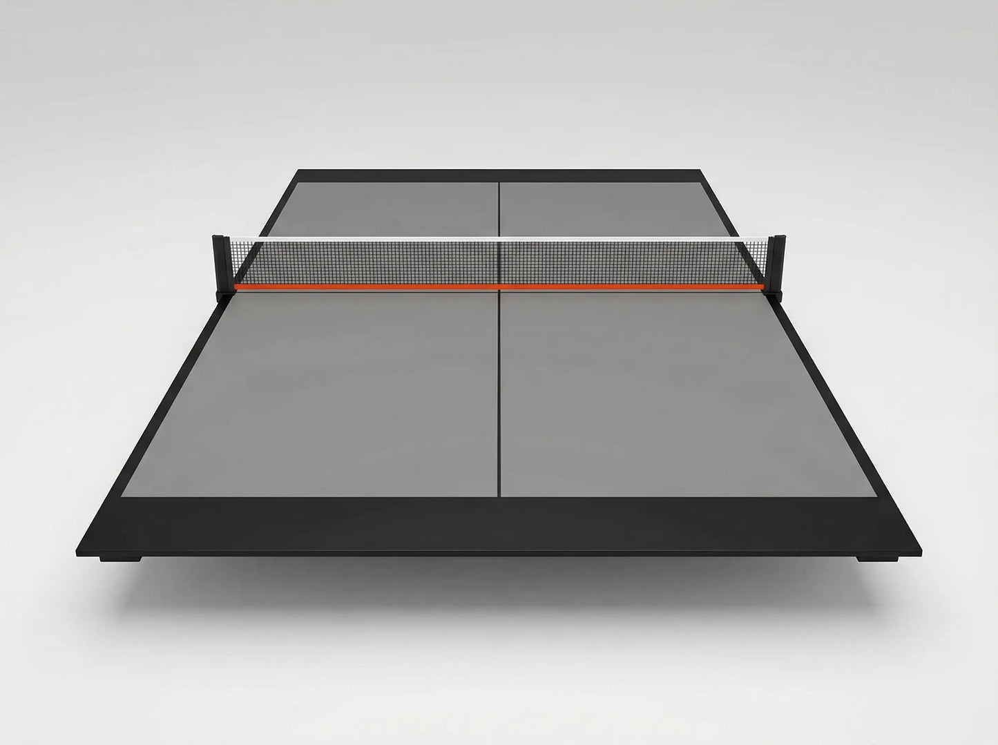 Front view of a gray 7 ft ping pong conversion top with clamp-on net installed
