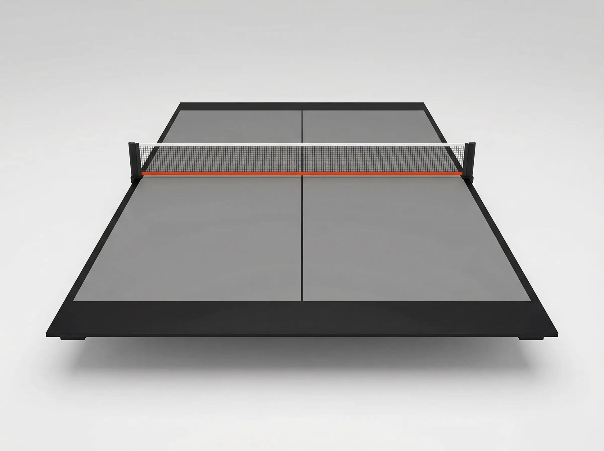 Front view of a gray 7 ft ping pong conversion top with clamp-on net installed