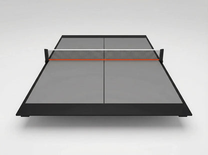 Front view of a gray 7 ft ping pong conversion top with clamp-on net installed