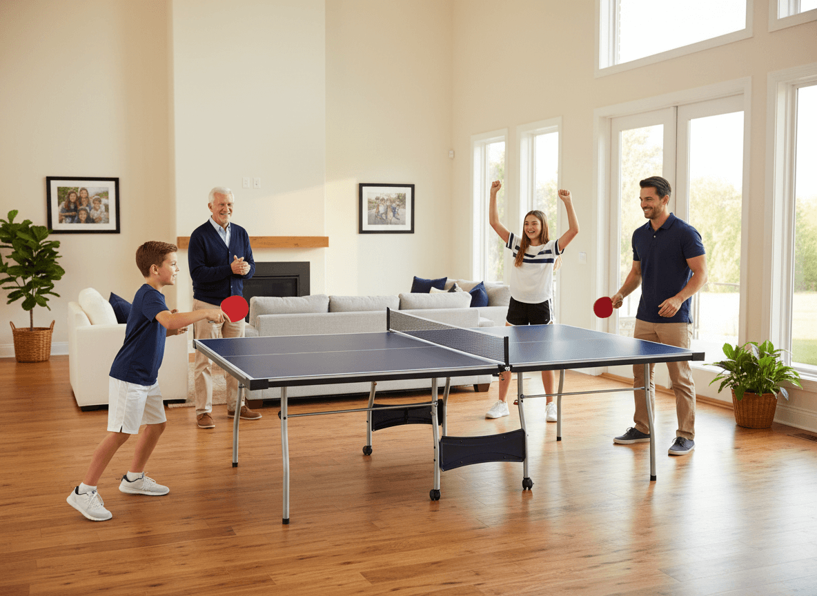 Family playing table tennis in a living room with large windows.