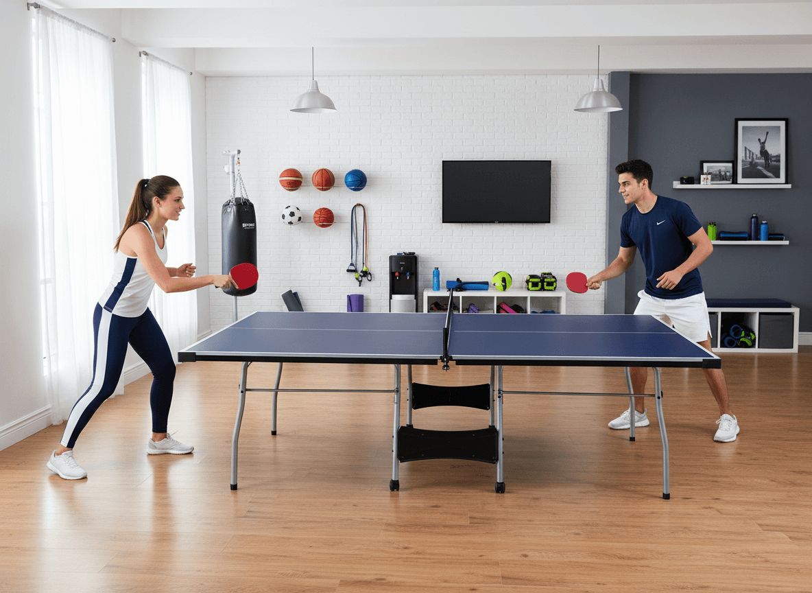 Two people playing ping pong in a living room with sports balls and equipment on the wall.