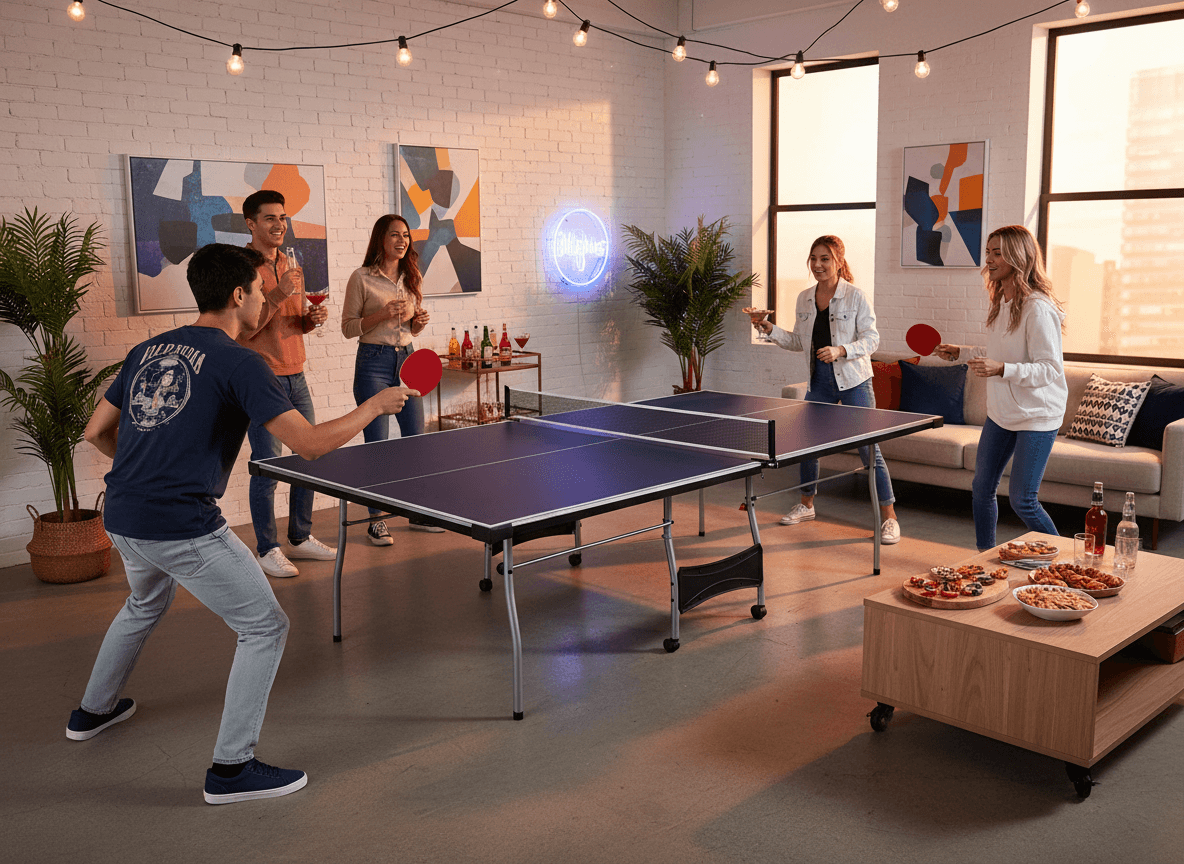 Group of people playing ping pong in a modern living room with a casual atmosphere.