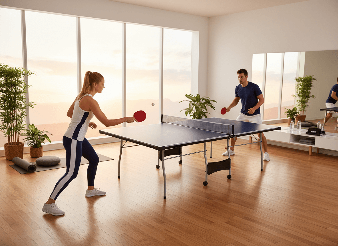 Two people playing ping pong in a modern living room with large windows.