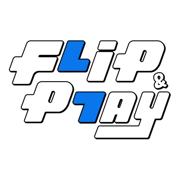 The logo for 'Flip & Play' features bold white letters with black outlines and bright blue accents on the letters 'F' and 'L', set against a solid white background.