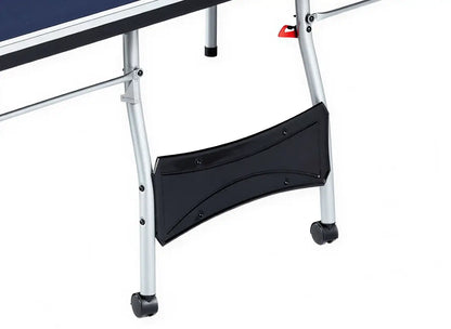 Close-up of the foldable ping pong table frame, support panel and rolling casters