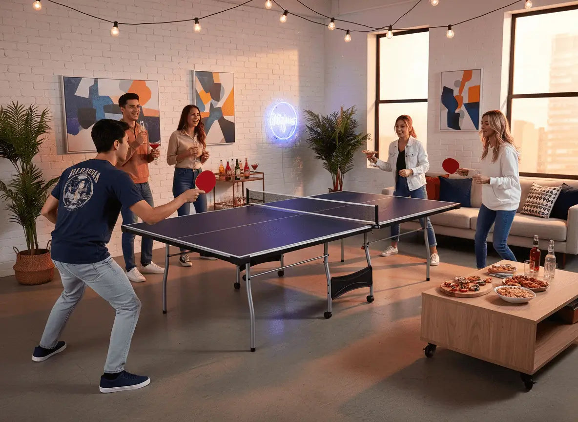 Friends playing on a foldable ping pong table during an indoor game-room gathering