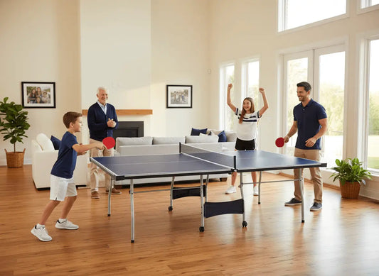 Family playing on a full-size foldable ping pong table in a bright indoor game room