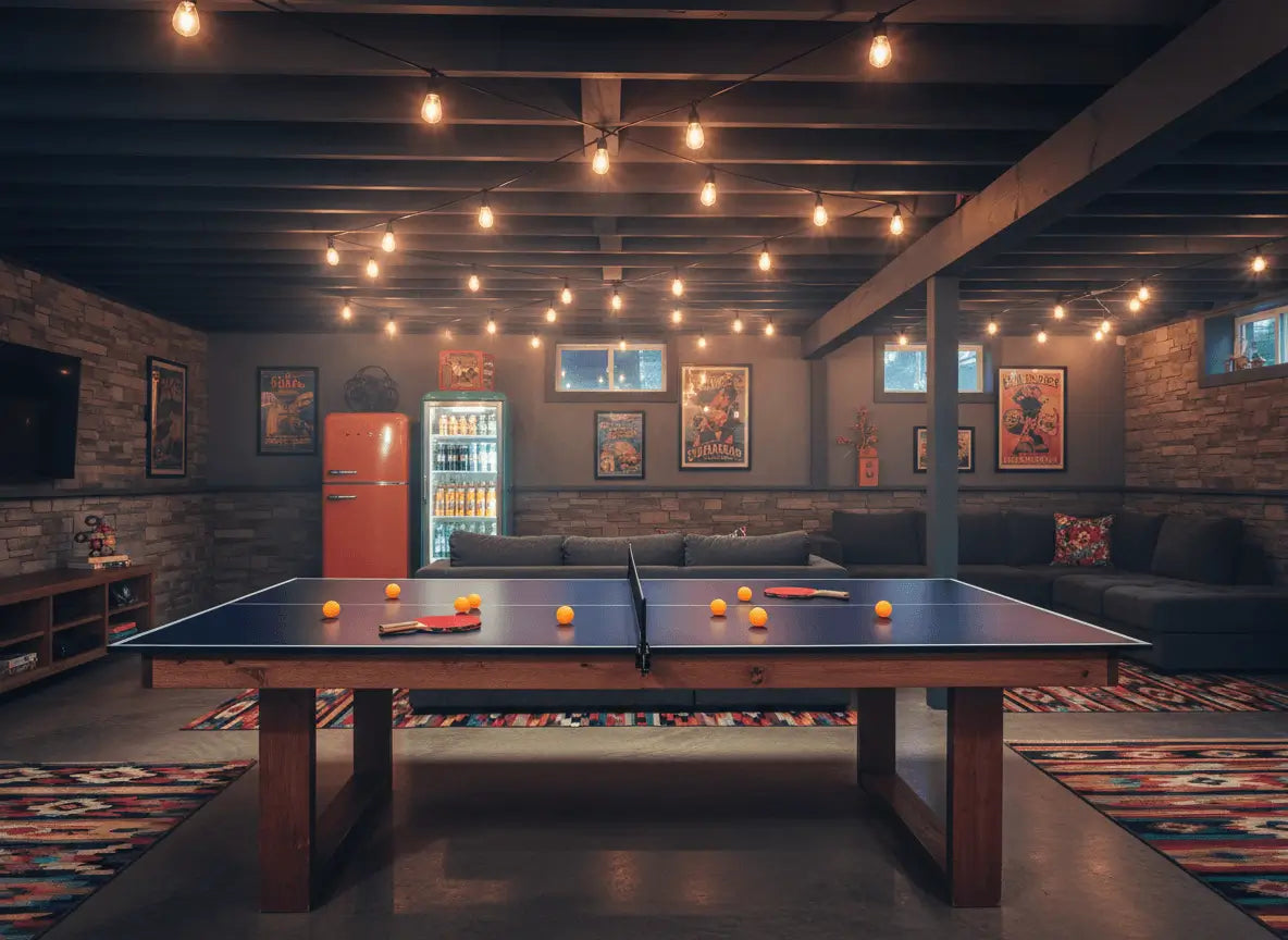 Front view of a full-size ping pong conversion top with net in a basement recreation room