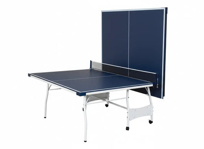 Full-size foldable ping pong table configured with one half upright for solo playback