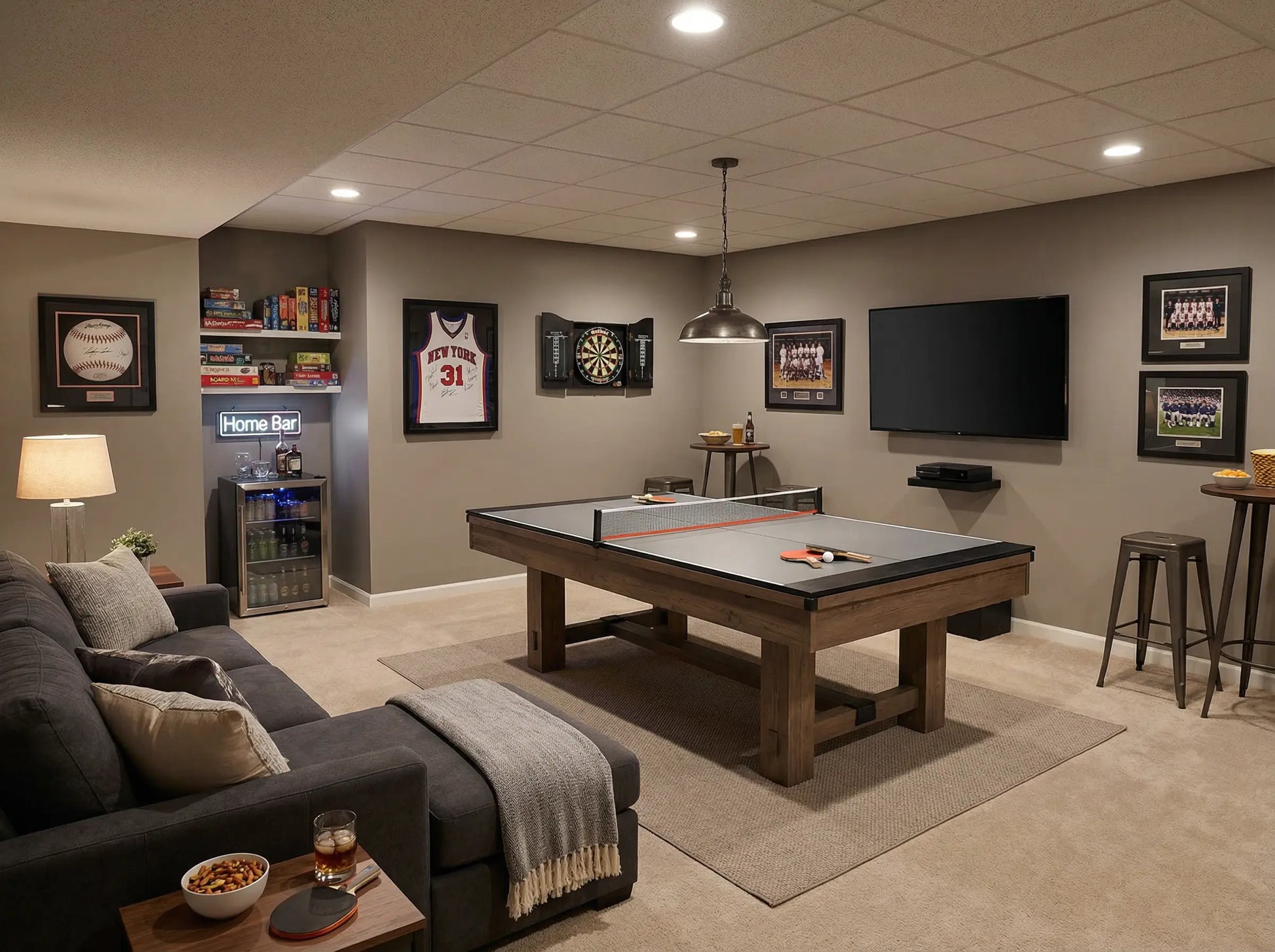 Pool table fitted with a gray ping pong conversion top in a finished basement game room
