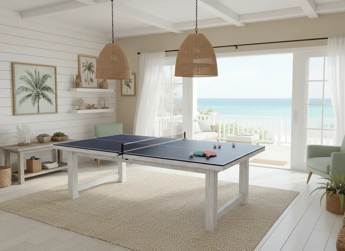 Full-size blue ping pong conversion top in a bright coastal-style indoor game room
