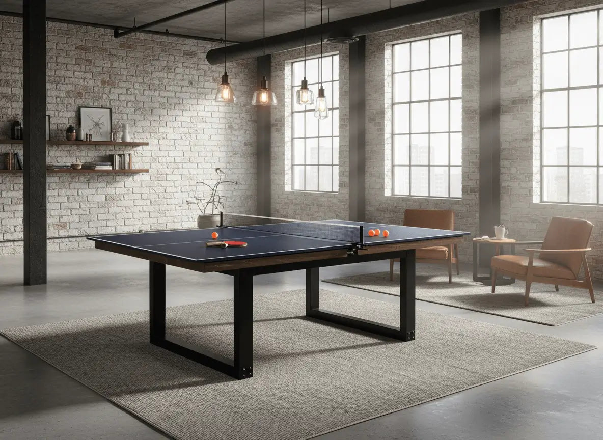 Blue table tennis playing surface in a bright industrial-style indoor loft