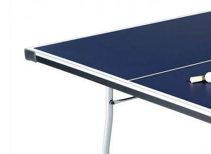 Close-up of the blue ping pong table surface, reinforced edge trim and corner cap