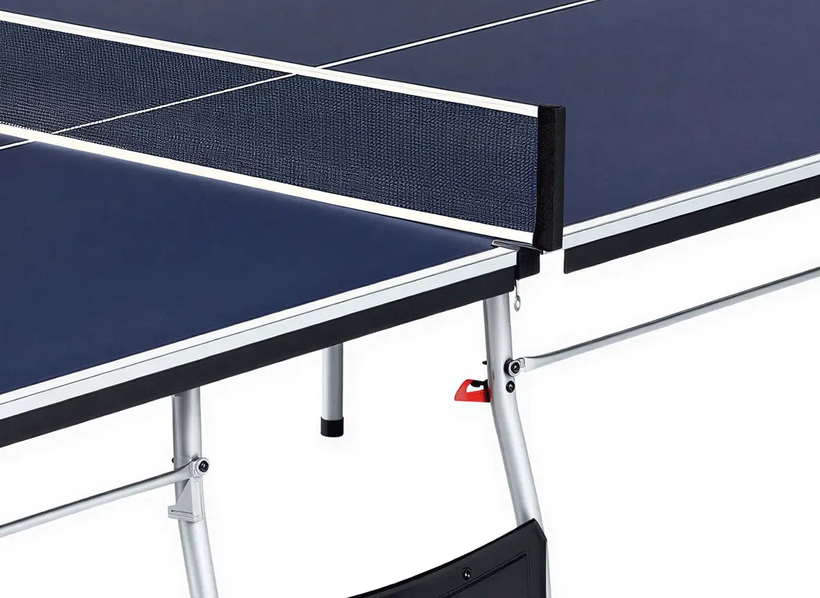 Close-up of the ping pong table net, post and center connection between the table halves