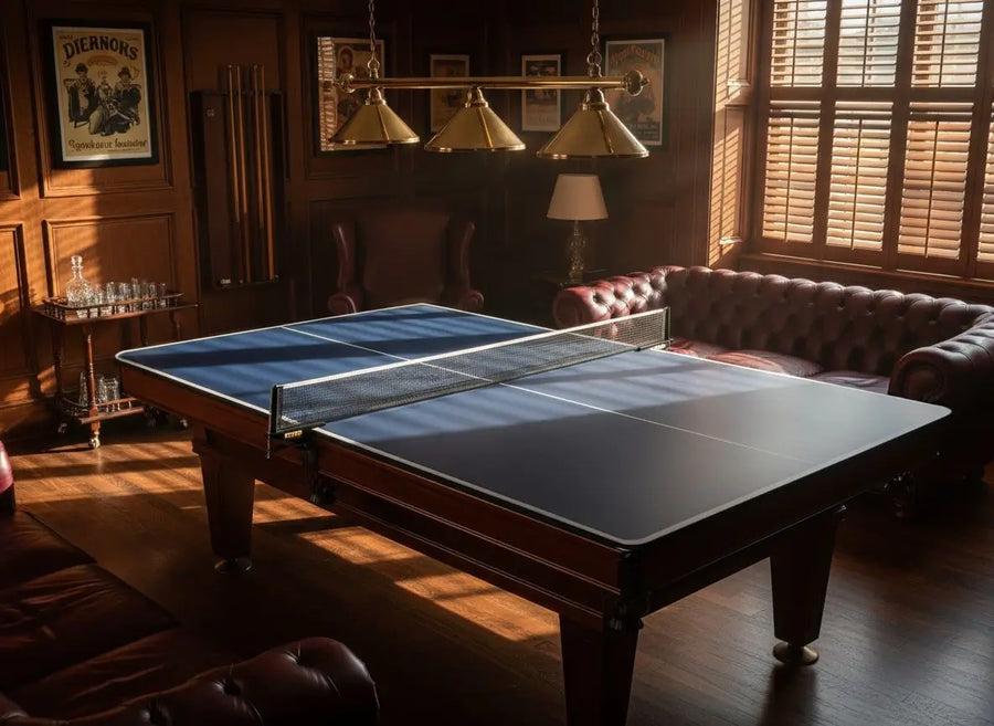 Full-size ping pong table top installed on a pool table in a classic indoor game room