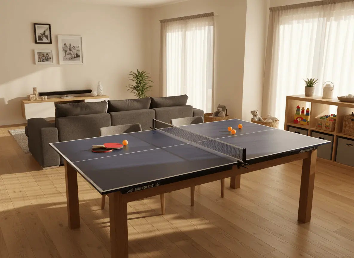 Ping pong table top with paddles and balls in a bright family recreation room