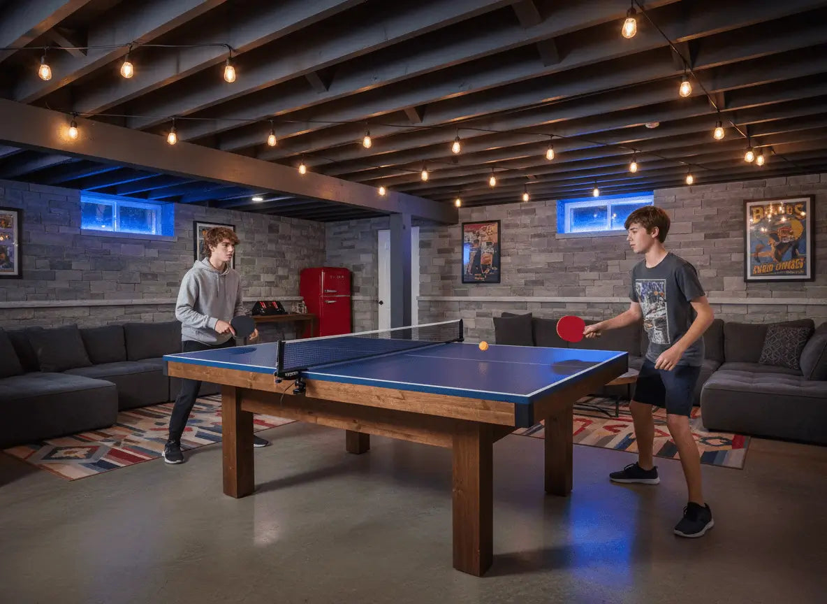 Two players using a blue ping pong table top installed on a pool table in a basement