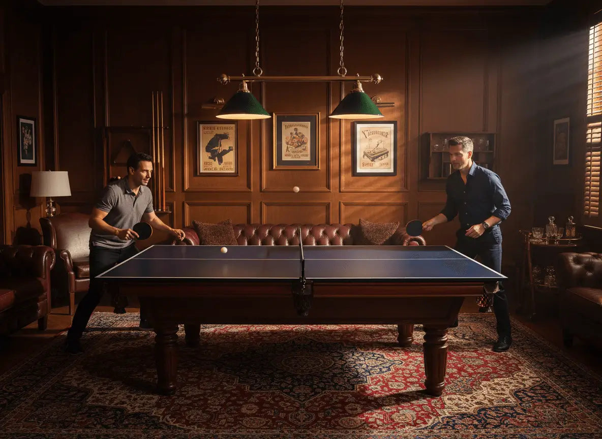 Two adults playing table tennis on a ping pong conversion top installed over a pool table