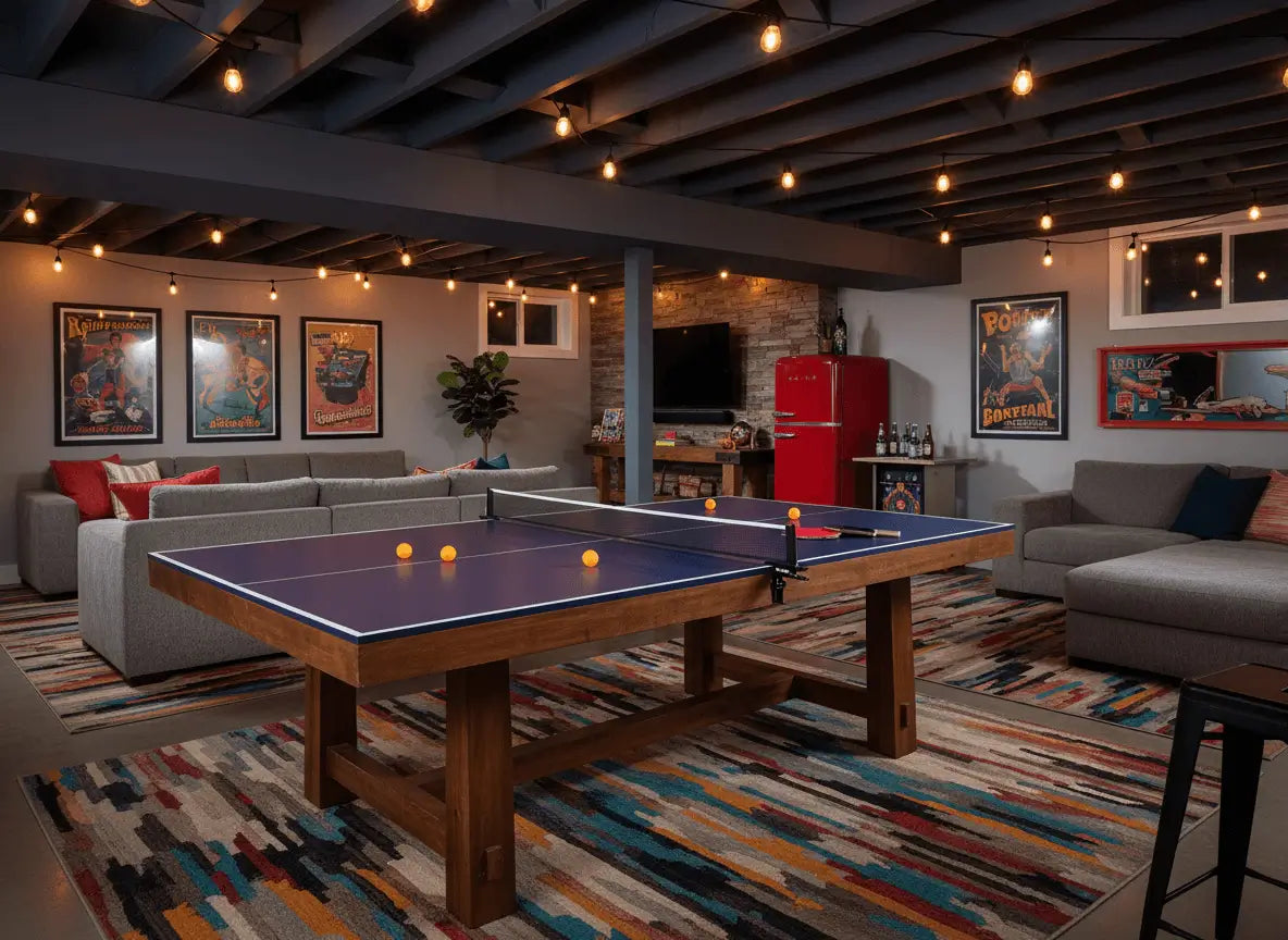Full-size pool-table ping pong top set up in a finished basement game room