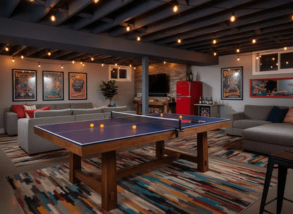 Full-size pool-table ping pong top set up in a finished basement game room